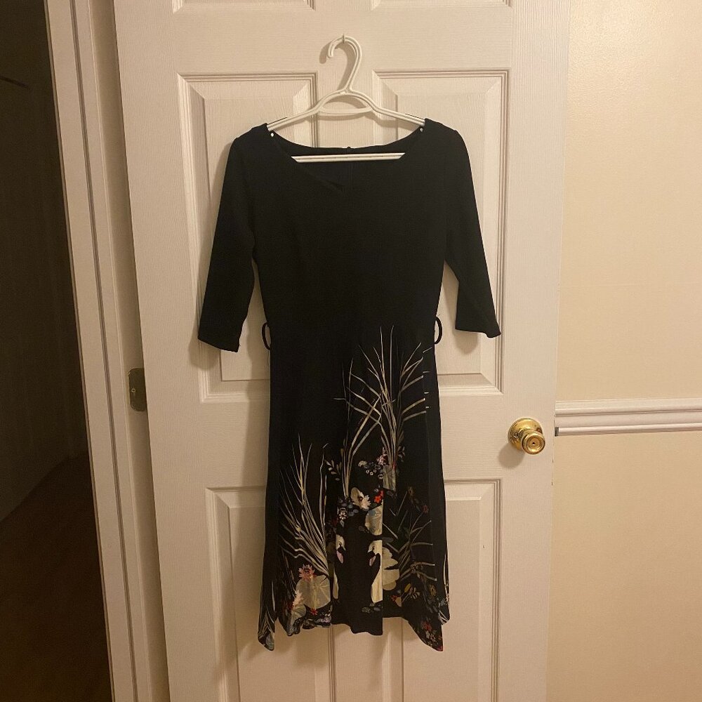 Black Fit Flare Midi Dress with Back Zipper and Swans and Reeds Pattern Size 2